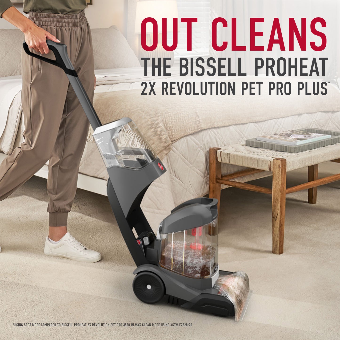 Onepwr carpet cleaner in action on a light colored carpet with a callout "out cleans the bissell proheat 2x revolution pet pro plus."