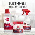 Hoover cleaning solutions including carpet cleaner for tough stains, Drop & Go carpet clean packs, and ready-to-use spot and stain remover, with a reminder to not forget your solutions.