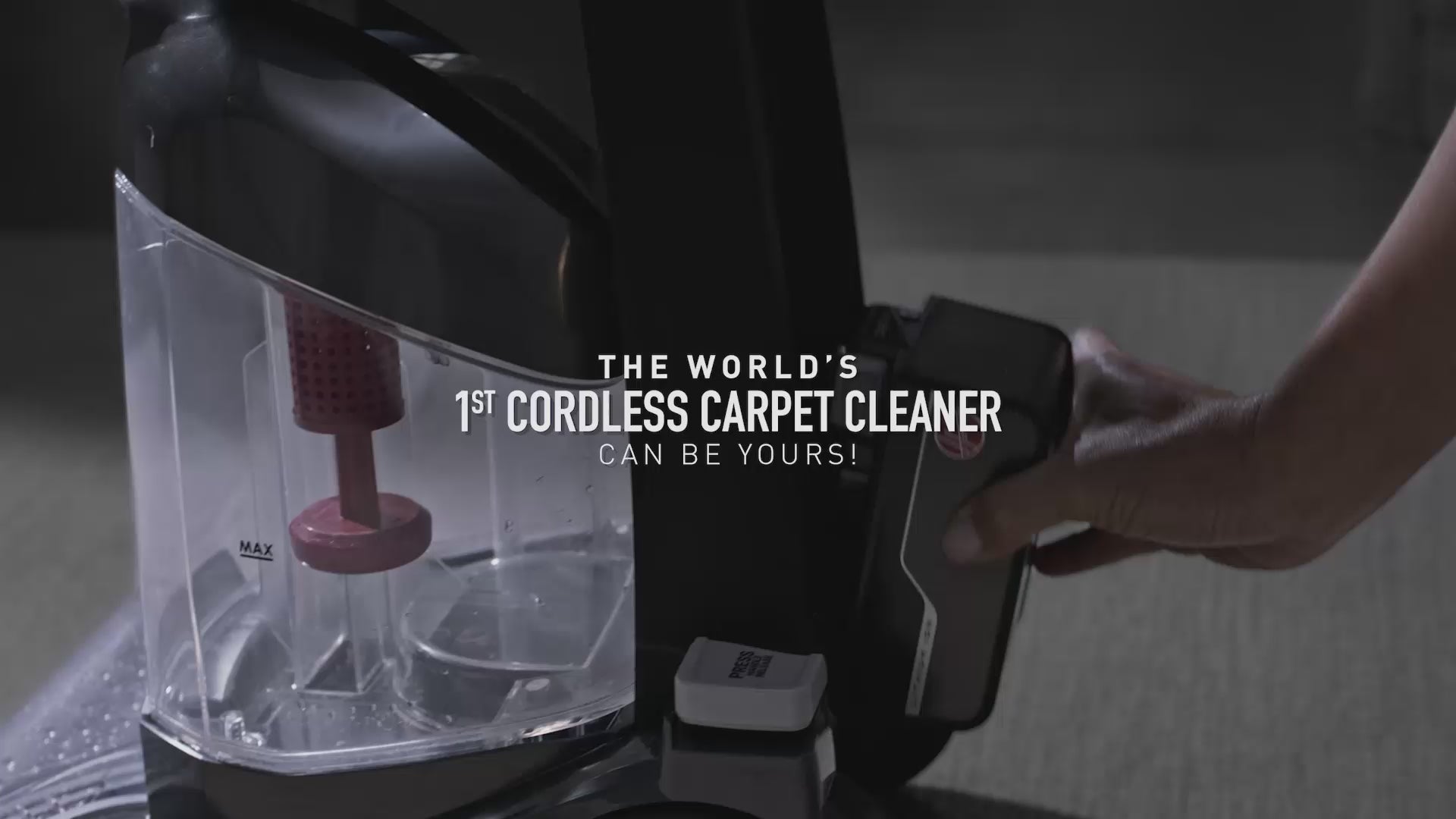 Cordless Carpet Cleaner being shown in various rooms with carpet and hard floors