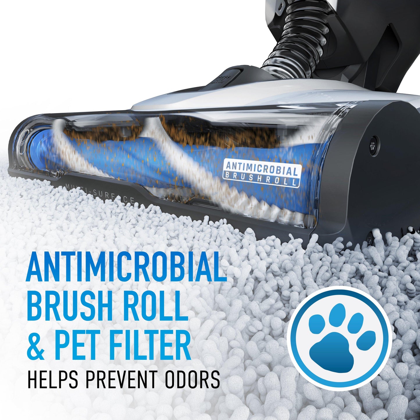 The brush roll of the Evolve Pet is antimicrobial with a pet filter that helps prevent odors
