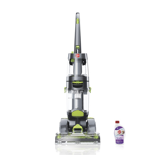 Straight on view of the Hoover pro clean carpet cleaner standing next to the deep clean and neutralize cleaning solution