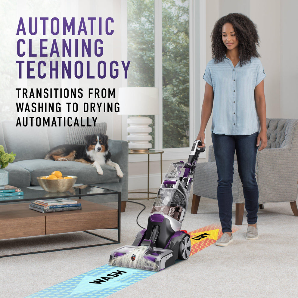 Woman using SmartWash Pet Carpet Cleaner shows how it washes carpet while moving forward and dries carpet while moving backwards