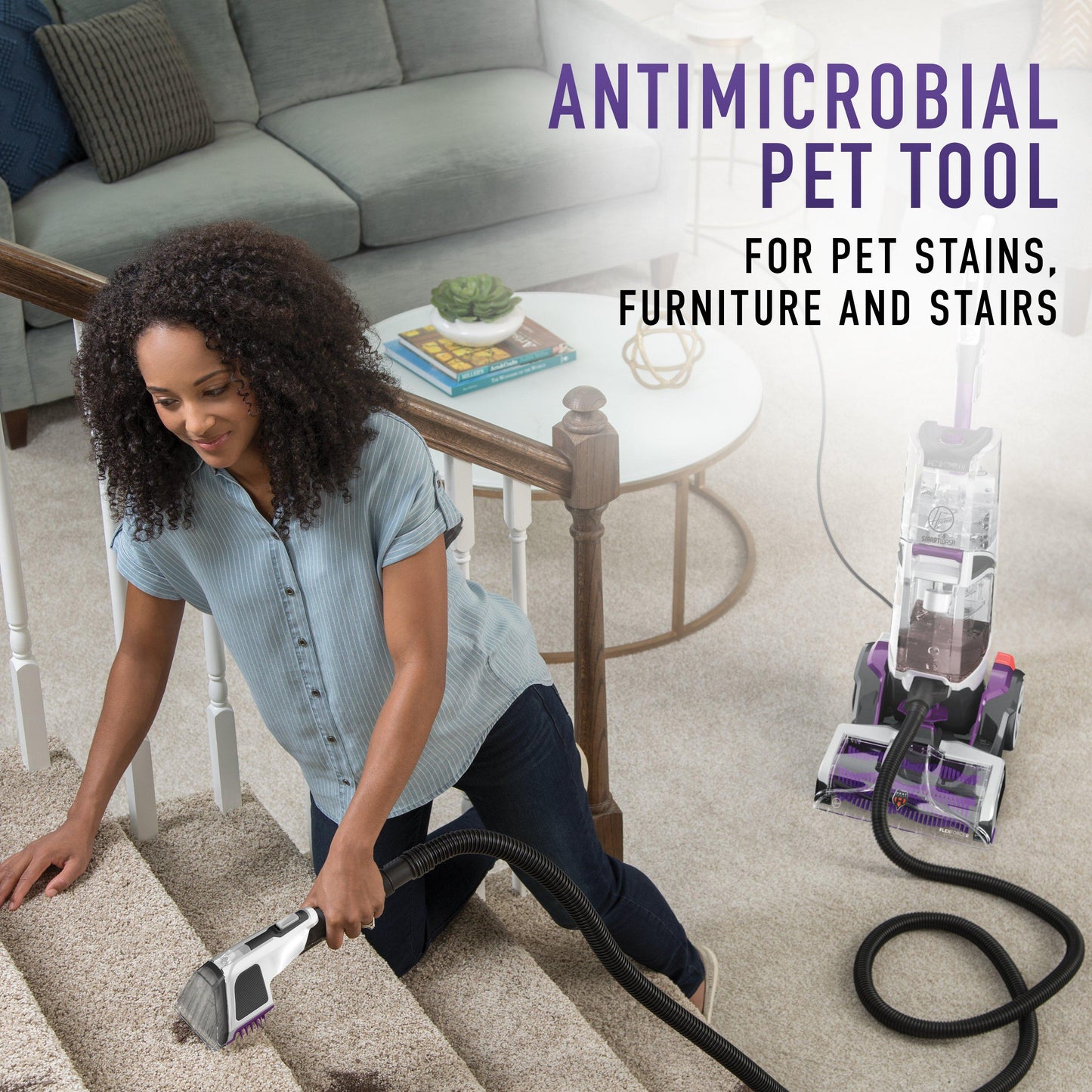 Woman uses the antimicrobial pet tool on SmartWash Pet to clean stains on carpeted steps